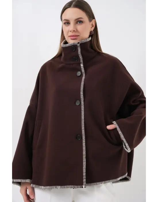 Nakışlı Kaşe Ceket 9167 - Kahverengi