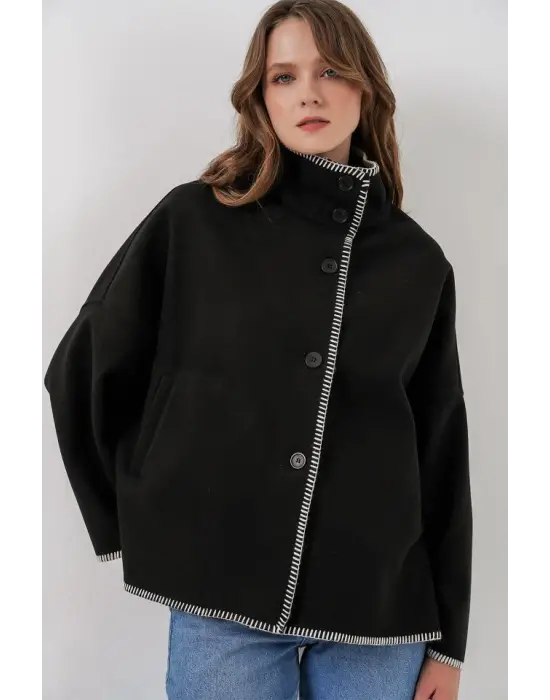 Nakışlı Kaşe Ceket 9167 - Siyah