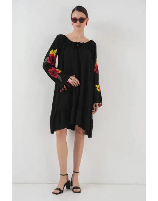 Nakışlı Midi Elbise 2531 - Siyah