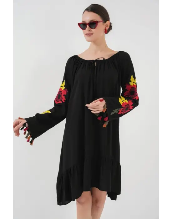 Nakışlı Midi Elbise 2531 - Siyah