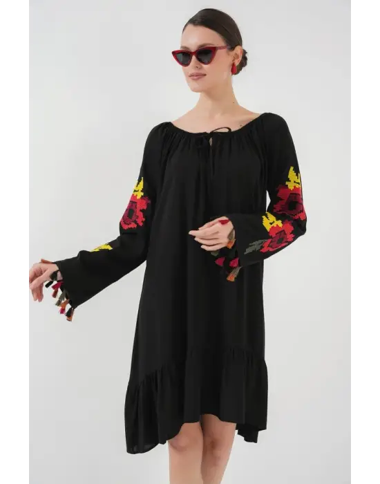 Nakışlı Midi Elbise 2531 - Siyah