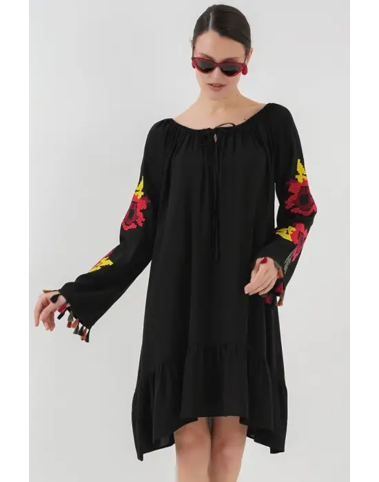 Nakışlı Midi Elbise 2531 - Siyah