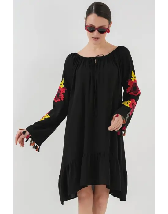 Nakışlı Midi Elbise 2531 - Siyah