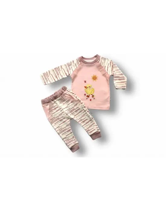 Omarı Pembe Ördek Nakışlı Bebek Sweatli Takımı