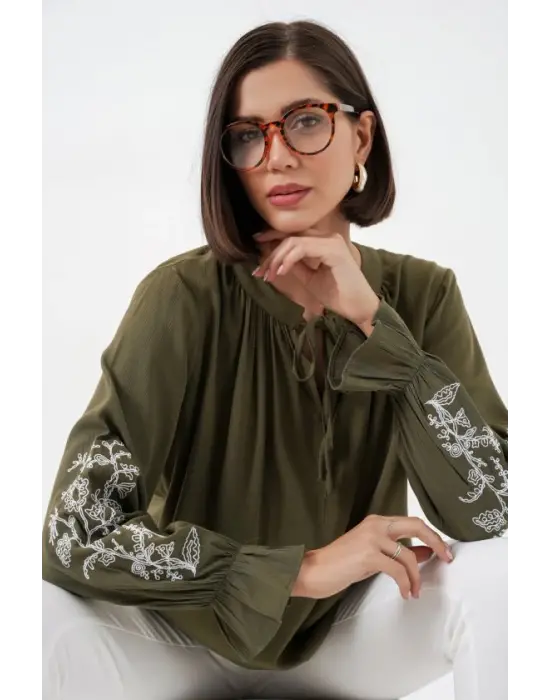 Nakışlı Örme Bluz 941 - Haki