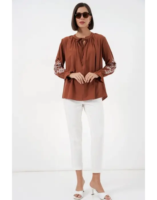 Nakışlı Örme Bluz 941 - Kiremit