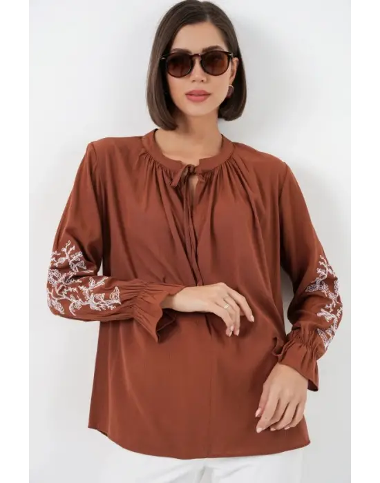Nakışlı Örme Bluz 941 - Kiremit