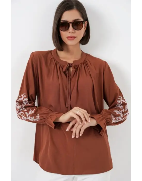 Nakışlı Örme Bluz 941 - Kiremit