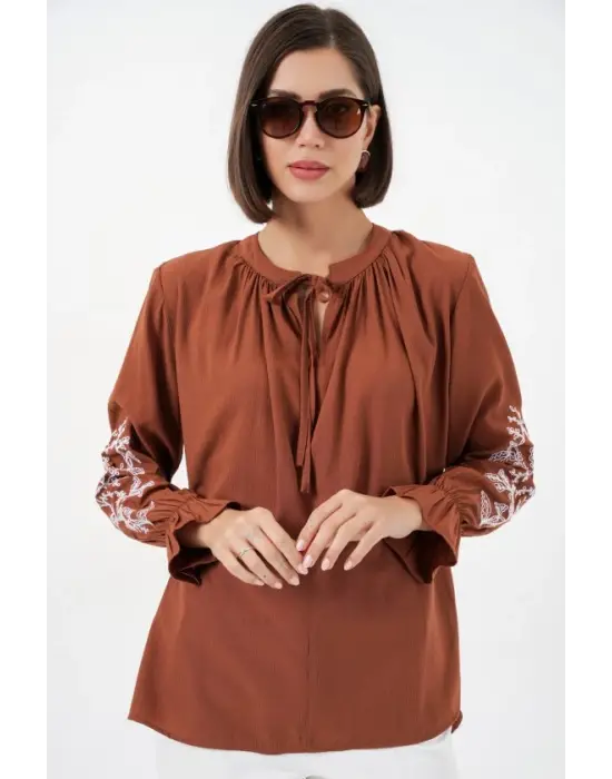 Nakışlı Örme Bluz 941 - Kiremit