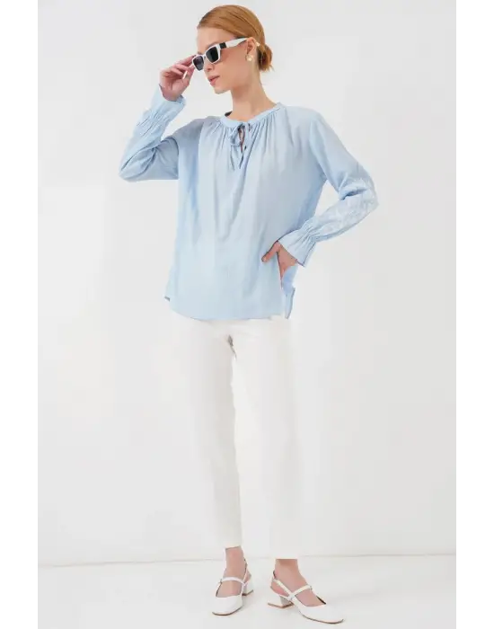 Nakışlı Örme Bluz 941 - Mavi