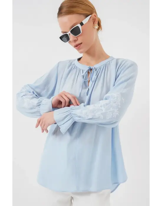 Nakışlı Örme Bluz 941 - Mavi