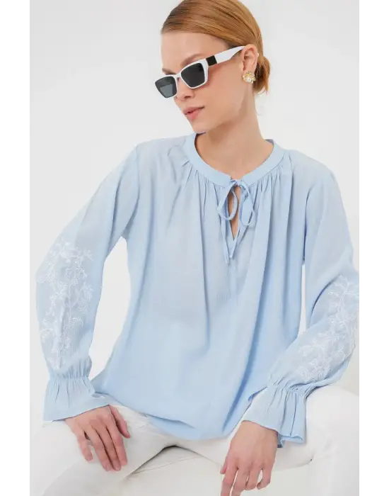 Nakışlı Örme Bluz 941 - Mavi