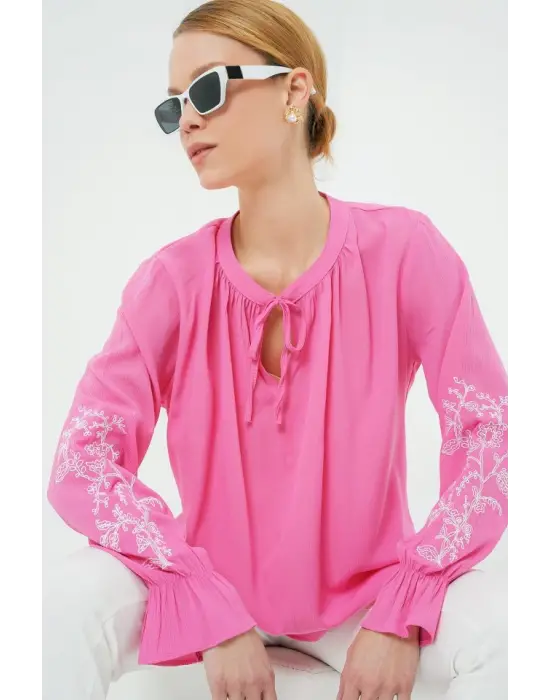 Nakışlı Örme Bluz 941 - Pembe