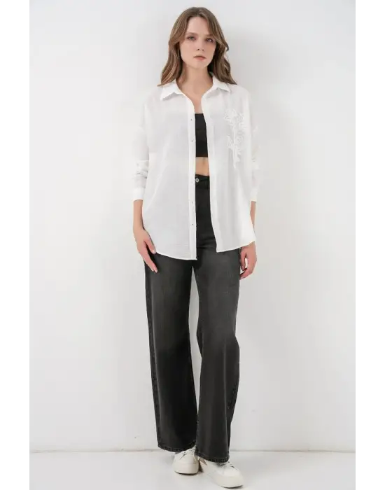 Nakışlı Oversize Gömlek 20338 - Beyaz