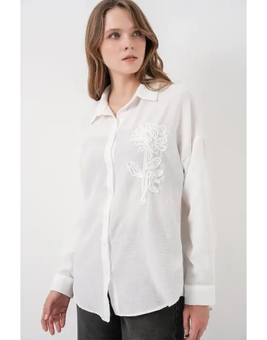 Nakışlı Oversize Gömlek 20338 - Beyaz