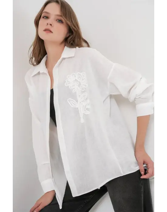 Nakışlı Oversize Gömlek 20338 - Beyaz