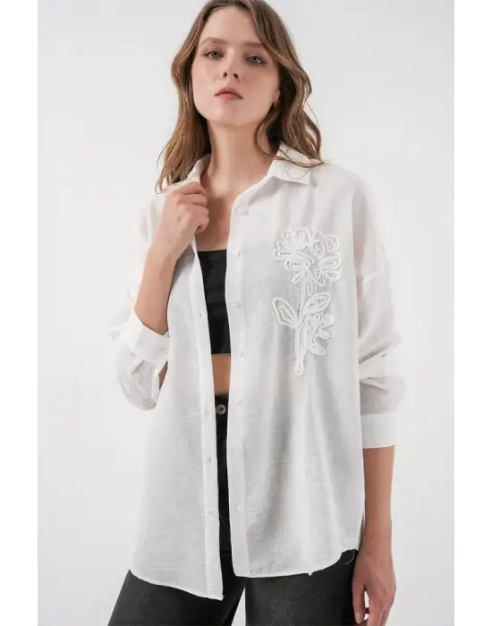 Nakışlı Oversize Gömlek 20338 - Beyaz