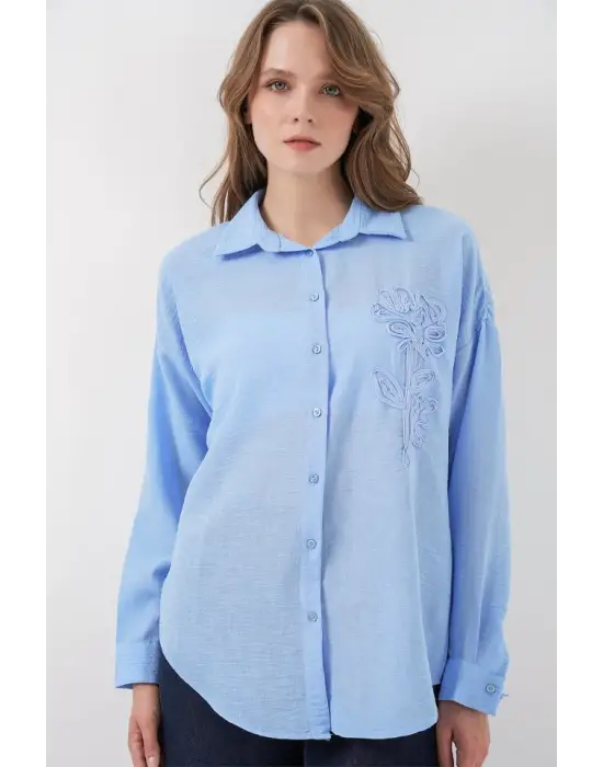 Nakışlı Oversize Gömlek 20338 - Mavi