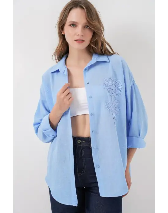 Nakışlı Oversize Gömlek 20338 - Mavi