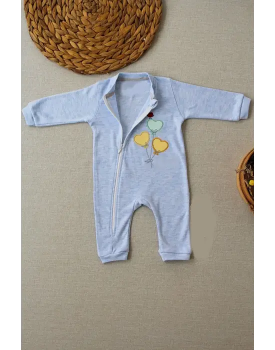 Omarı Mavi Uçan Balonlar Nakışlı Erkek Bebek Tulumu