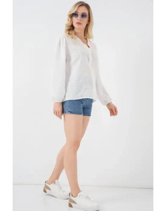 Nakışlı Uzun Kol Bluz 963 - Krem