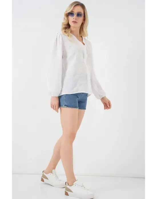 Nakışlı Uzun Kol Bluz 963 - Krem