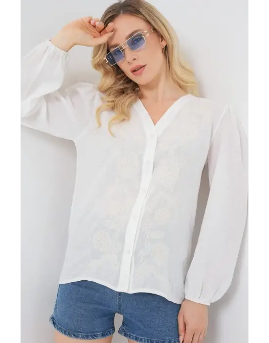 Nakışlı Uzun Kol Bluz 963 - Krem