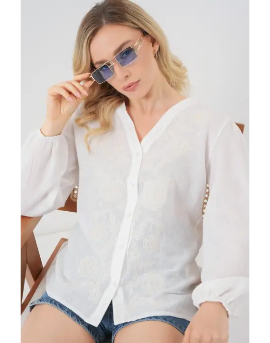 Nakışlı Uzun Kol Bluz 963 - Krem