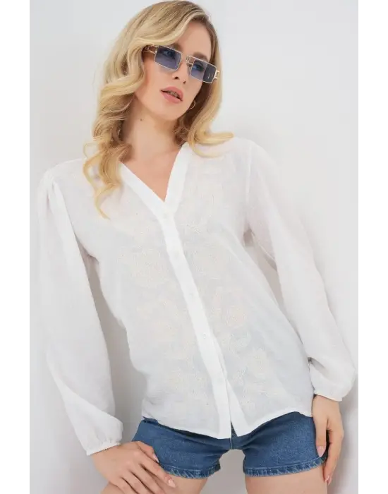 Nakışlı Uzun Kol Bluz 963 - Krem