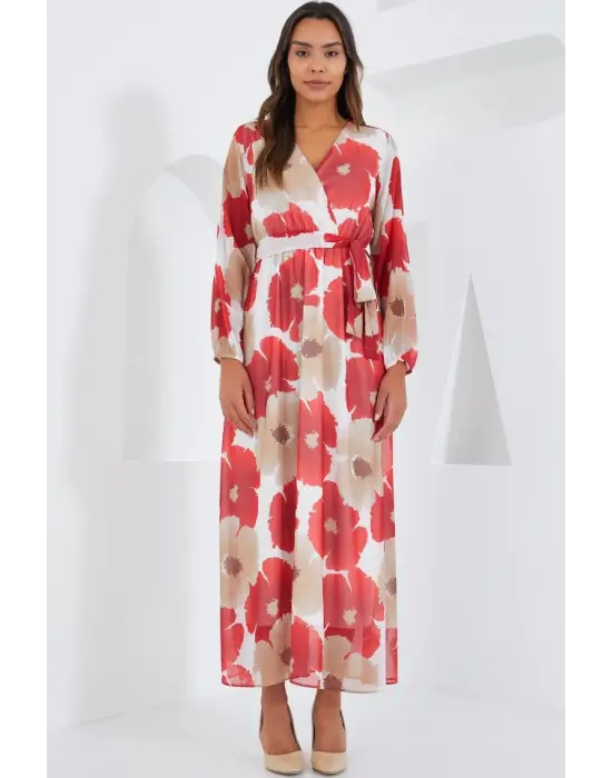 Nar Bej Çiçek Desenli Şifon Elbise 2134