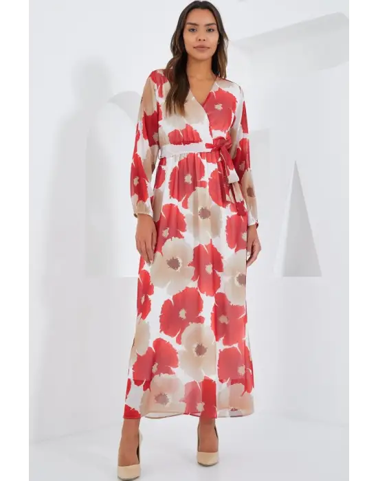 Nar Bej Çiçek Desenli Şifon Elbise 2134