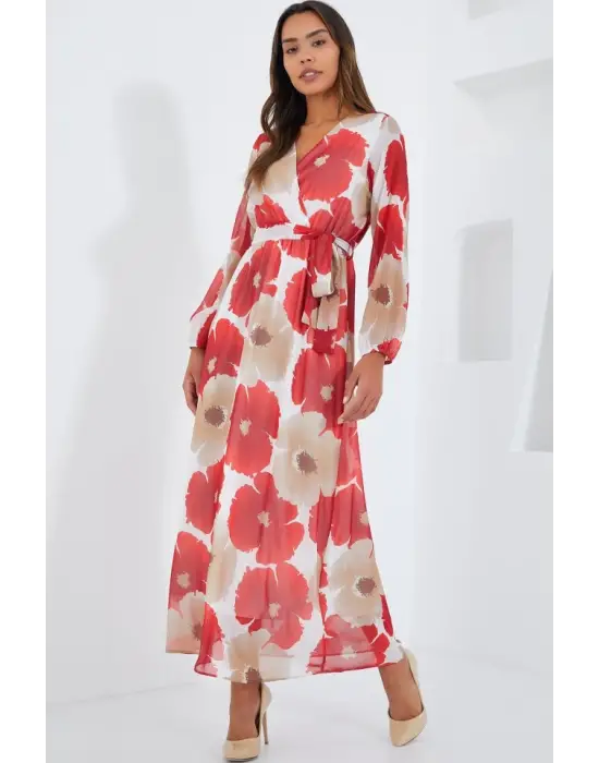 Nar Bej Çiçek Desenli Şifon Elbise 2134