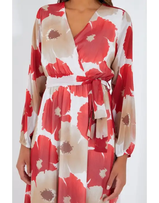 Nar Bej Çiçek Desenli Şifon Elbise 2134