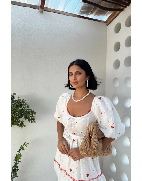 Omarı Nar Çiçeği Dantelli Elbise