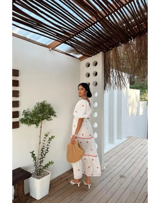 Nar Çiçeği Dantel Detaylı Brode Elbise