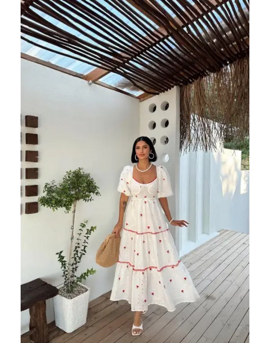 Omarı Nar Çiçeği Dantelli Elbise