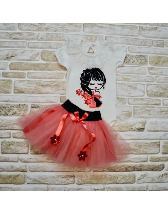 Omarı Tütü Etekli Kız Bebek Takımı Nar Çiçeği