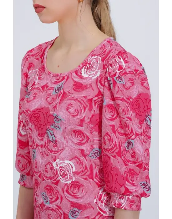 Nar Gül Desenli Midi Elbise 2477