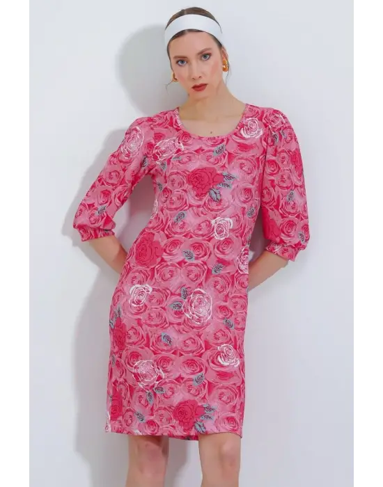 Nar Gül Desenli Midi Elbise 2477