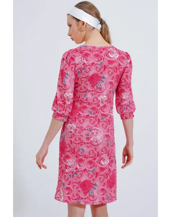 Nar Gül Desenli Midi Elbise 2477