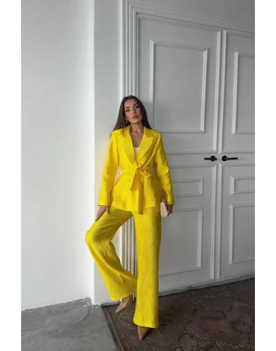 Neon Beli Kuşaklı Ceket Ve Pantolon Parlak Takım