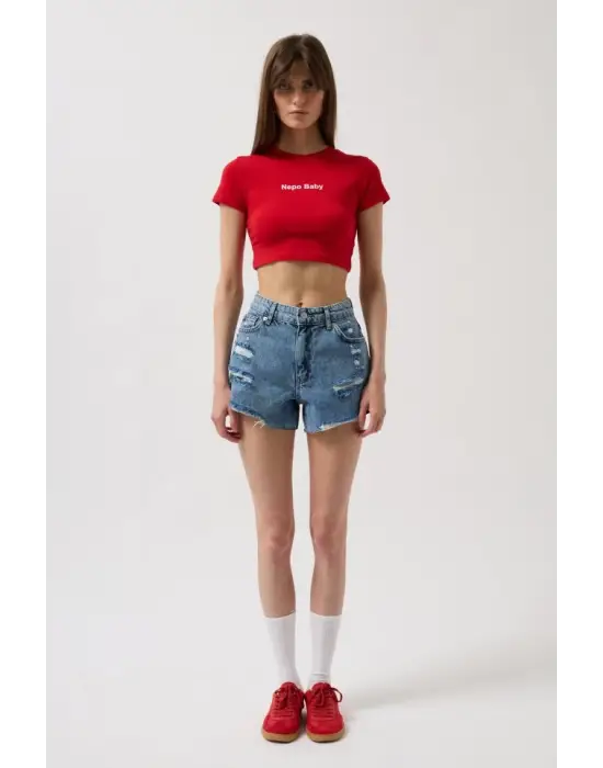 Omarı Renkli Baskılı Crop T-Shirt Modeli