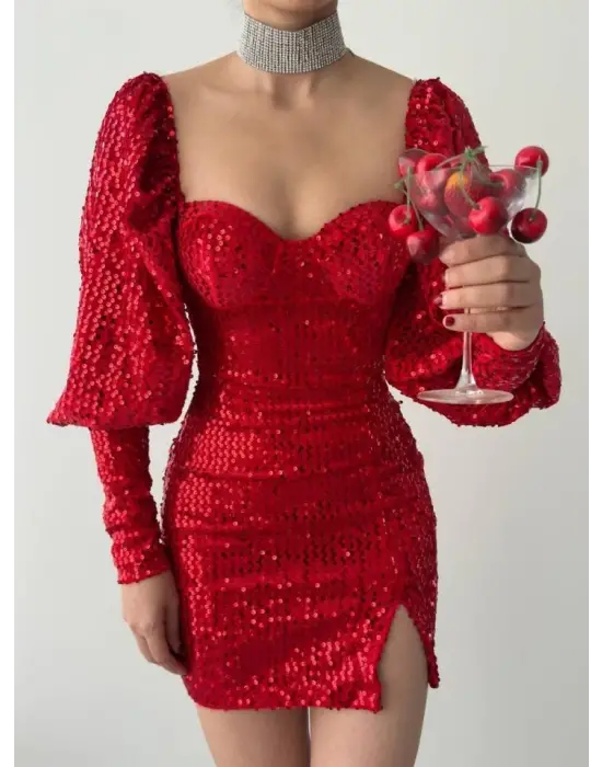 Omarı Parlak Payet Detaylı Elbise