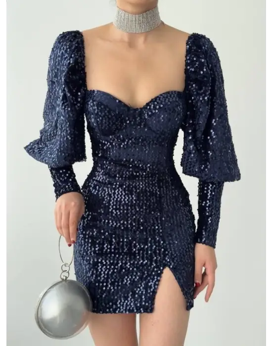 Omarı Çarpıcı Siyah Payet Elbise