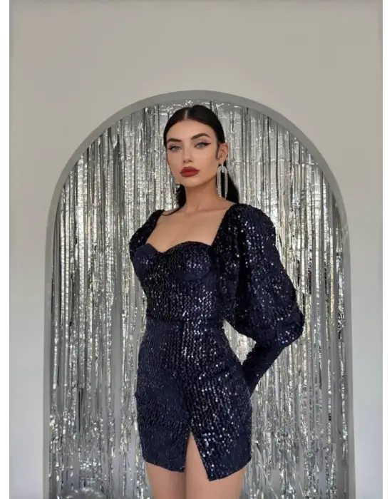 Omarı Çarpıcı Siyah Payet Elbise