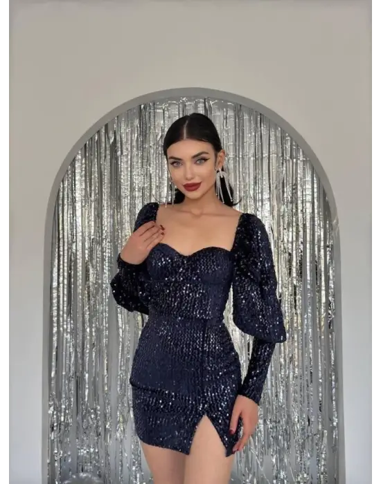 Omarı Çarpıcı Siyah Payet Elbise
