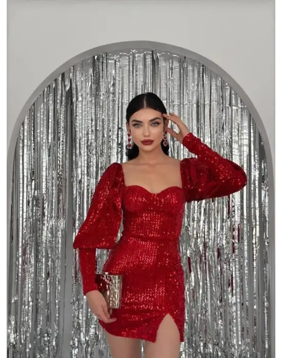 Omarı Parlak Payet Detaylı Elbise