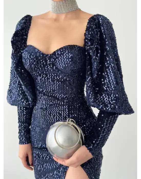 Omarı Çarpıcı Siyah Payet Elbise