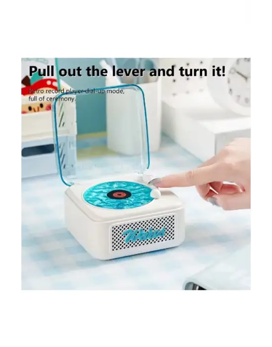 Nostalji Mini Plak Görünümlü Radyolu Bluetooth Hoparlör 3d Ses Dalgası Retro Müzik Plak Beyaz