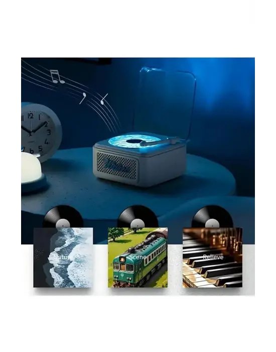 Nostalji Mini Plak Görünümlü Radyolu Bluetooth Hoparlör 3d Ses Dalgası Retro Müzik Plak Beyaz